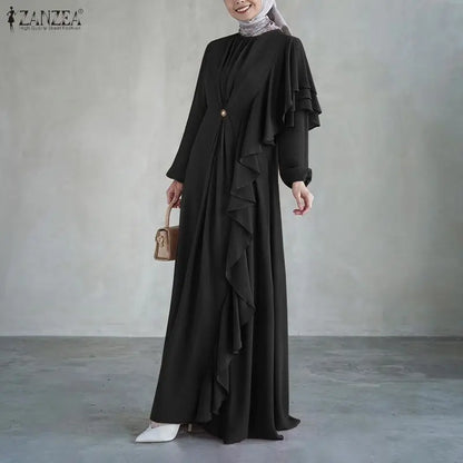 ZANZEA 2026 Women Elegant Long Sleeve Ruffled Dress Muslim Abaya Dress Ramadan Dubai Hijab Sundress IsIamic Robe Kaftan Vestidos