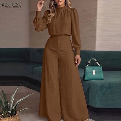 ZANZEA Women Crinkled Fabric 2-Piece Pant Sets Mock Neck Blouse & Wide Leg Pant 2pcs Matching Sets Minimalist Commute Outfits