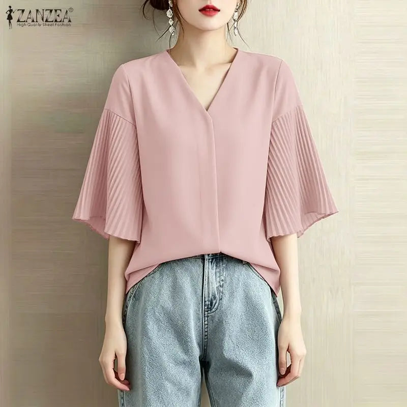ZANZEA Women's Elegant Blouses Pleated Bell Sleeve V-Neck Loose Pullover Tops Summer Daily Casual Solid Color Blusas de Mujer