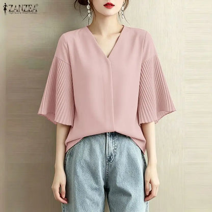 ZANZEA Women's Elegant Blouses Pleated Bell Sleeve V-Neck Loose Pullover Tops Summer Daily Casual Solid Color Blusas de Mujer