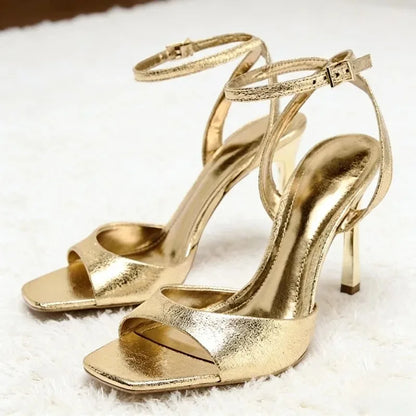 Luxury Gold Patent Leather Brand High Heel Sandal Women Fashion Ankle Buckle Thin Heel Designer Shoe Elegant Party Evening Shoes