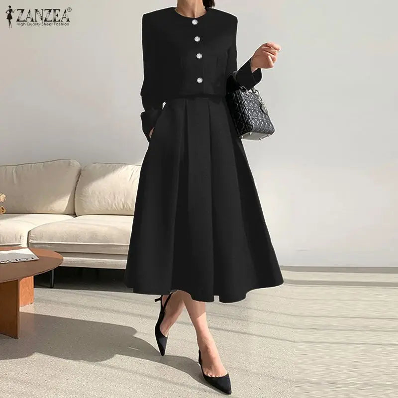 ZANZEA Fashion Women 2 Piece Sets Spring Autumn Office Outfits 2026 Elegant Long Sleeve Blouse Dress Suit Solid A Line Skirt Set