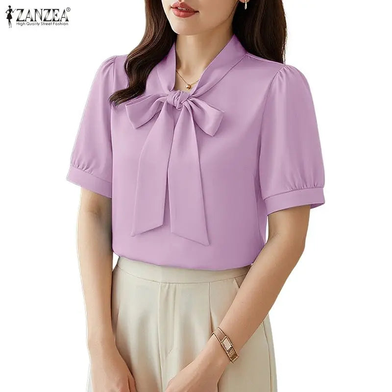 ZANZEA Woman Elegant Minimalist Blouses Bow Tie Neck Half Puff Sleeve Solid Color Tops 2026 Summer Casual Day Blusas de Mujer