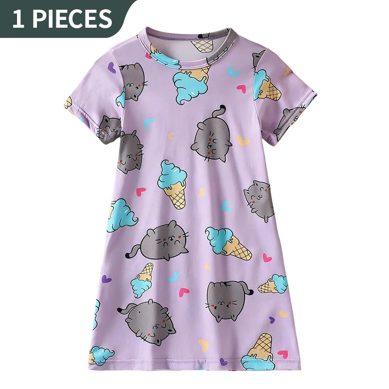 Girl's summer cute printed fashionable dress, comfortable round neck knee length skirt, cartoon casual home skirt, nightgown
