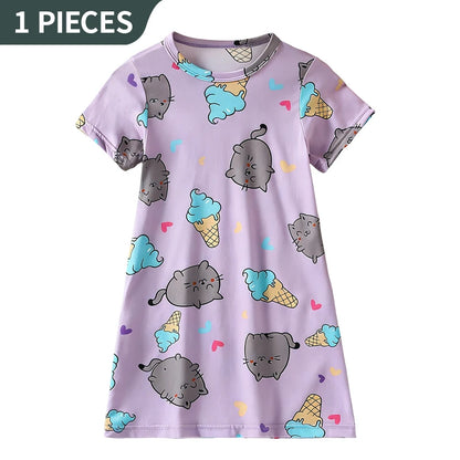 Summer girl sweet and cute dress, fashionable and versatile round neck print knee length skirt, comfortable and soft home skirt
