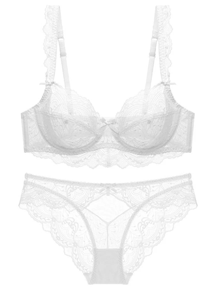 Sexy Lace Ultra Thin Transparent Bra and Panties Set Underwear Set Lingerie Women Brassieres A B C D E Cup 95C 95D