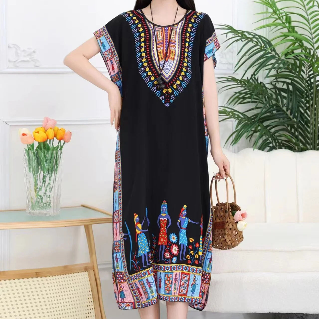 Women Bohemian Ethnic Printed Holiday Dress V-Neck Elastic Waist Casual Batswing Sleeve Mid Dress Elegant Vintage Retro Dress