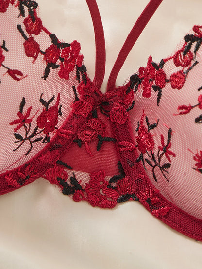 Vintage Wine Red Floral Lace Lingerie Set Thin Double Straps Sheer Transparent Mesh Bra Adjustable Briefs Boudoir