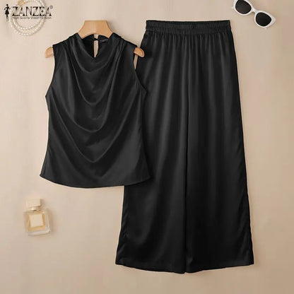 ZANZEA Summer Office Outfits Women Elegant Swing Neck Sleeveless Tanks Tops Pant Sets Fashion OL Work Satin Tracksuit 2 Pieces