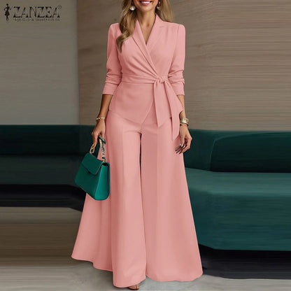 ZANZEA Women's Minimalist 2-Piece Pant Sets Elegant Long Sleeve Belted Blouse & Wide Leg Pant 2pcs Suits Office Work Co-ords