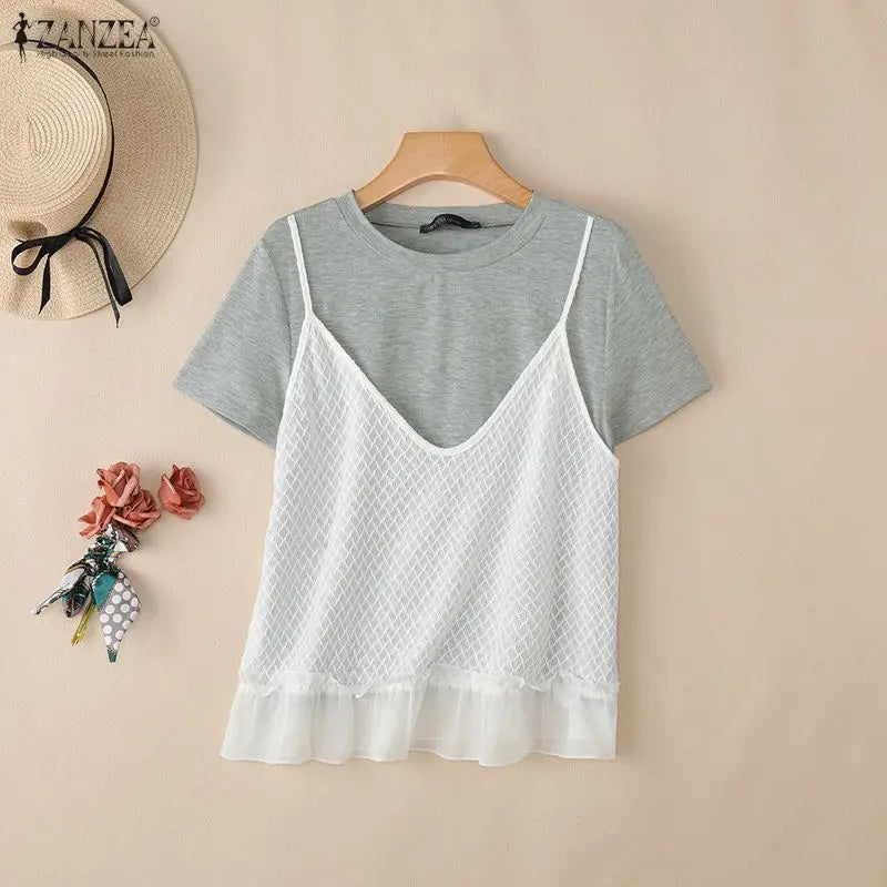 ZANZEA Summer Women Blouses Fashion Fake 2PCS Tops Patchwork Hollow Out Tee OL Work Party Blusas Tunic Streetwear Oversize