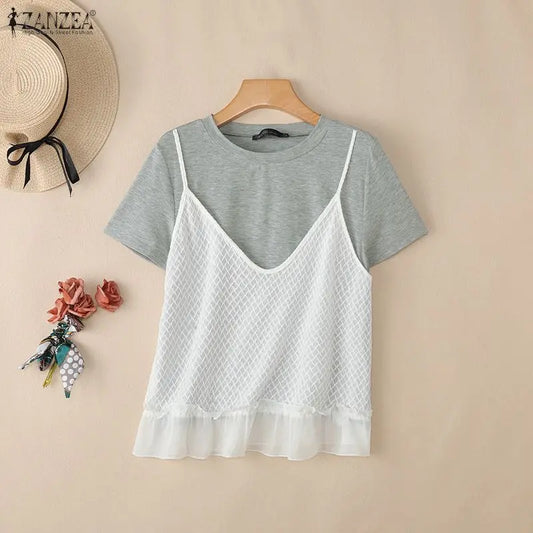 ZANZEA Summer Women Blouses Fashion Fake 2PCS Tops Patchwork Hollow Out Tee OL Work Party Blusas Tunic Streetwear Oversize