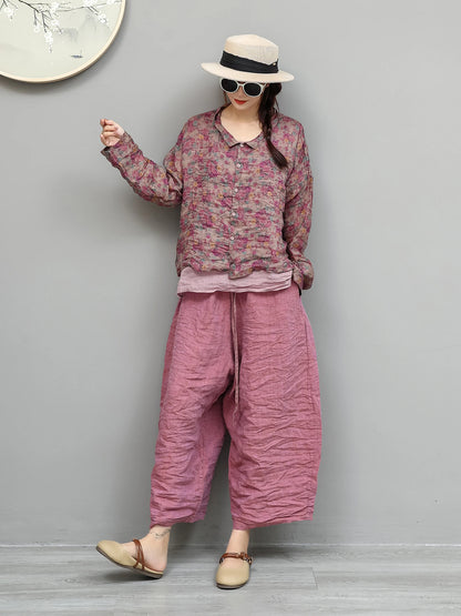 Women Summer Floral Lightweight Ramie Long-sleeve Shirt + Loose Cropped Pants Two-piece Set XY442