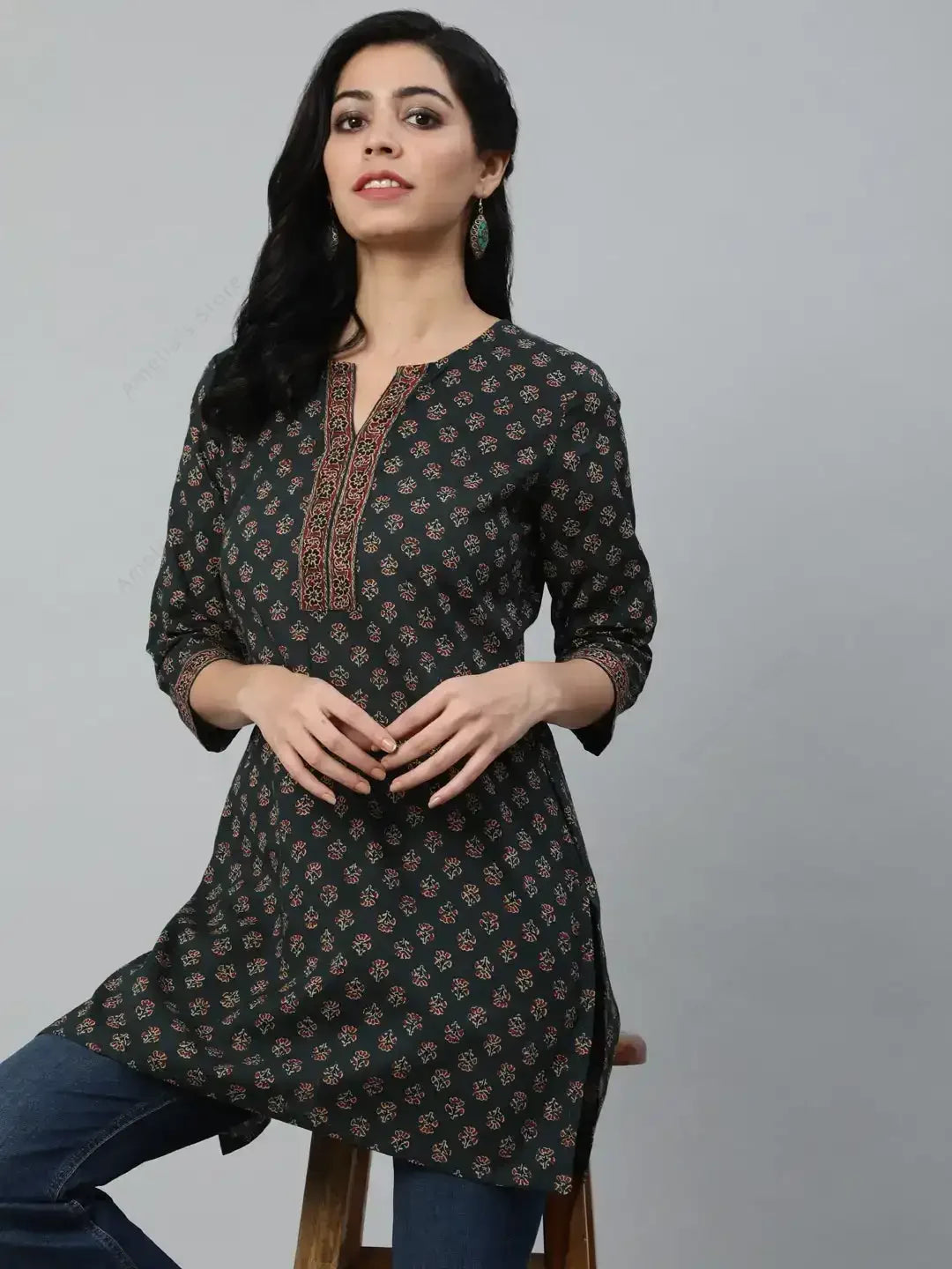 Indian Ethnic Women's Printed Kurta Top Lightweight Flannel Cotton with Three-Quarter Sleeves 4 Color Options India Dress