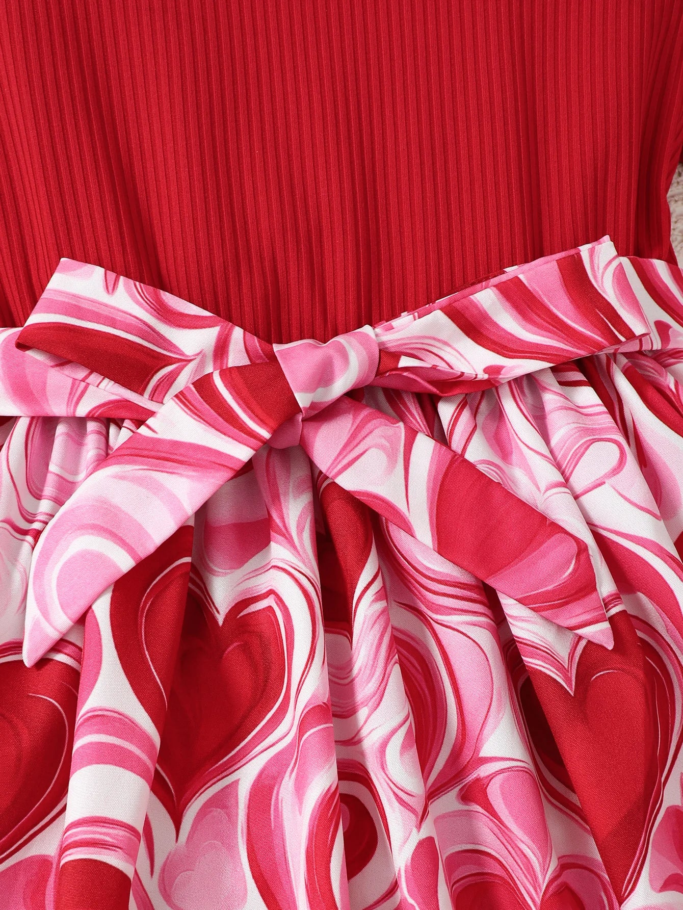 Girls Valentine's Day Dress Fashionable Comfortable Red round Neck Striped Mini Dress Heart Print Skirt for Kids