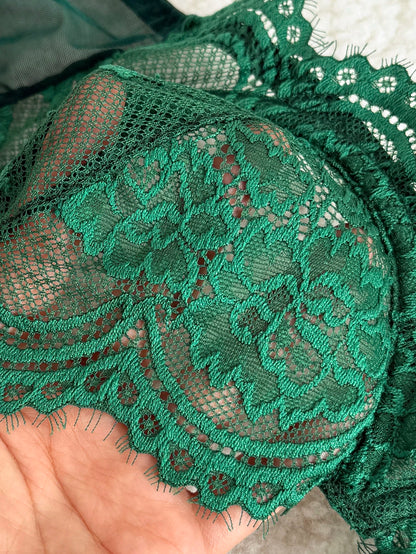 Vintage Romantic Dark Green Lace Lingeri Sheer Mesh Longline Bra 2 Pieces Elegant Boudoir Intimate Outfit
