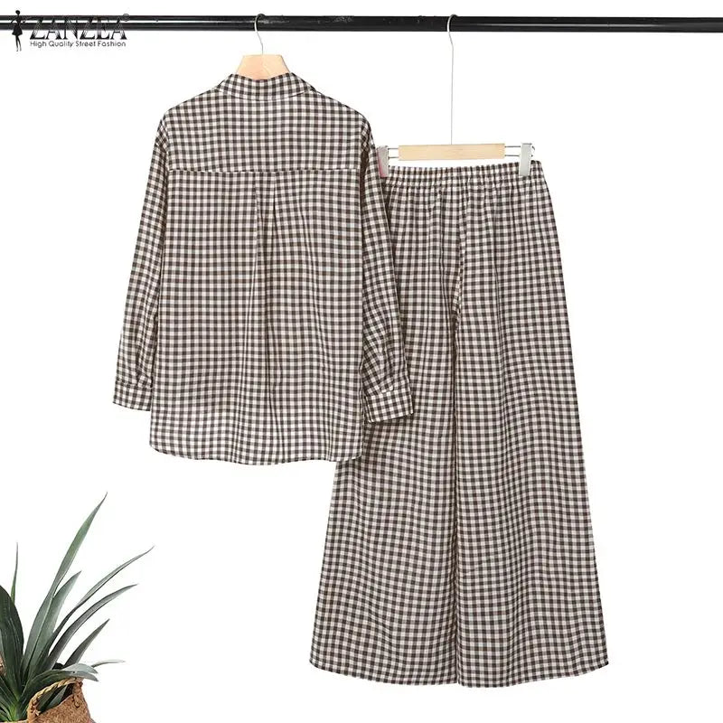ZANZEA Women's Gingham Pant Suits Collared Long Sleeve High-Low Blouse & Wide Leg Pant 2 Pieces Sets Streetwear Casual Outfits