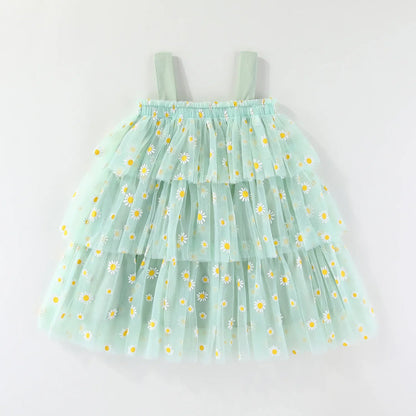 Infant Baby Girl Summer Tulle Dress 0-5T Daisy Print Tiered Cake Skirt Spaghetti Strap Princess Girl Party Dress