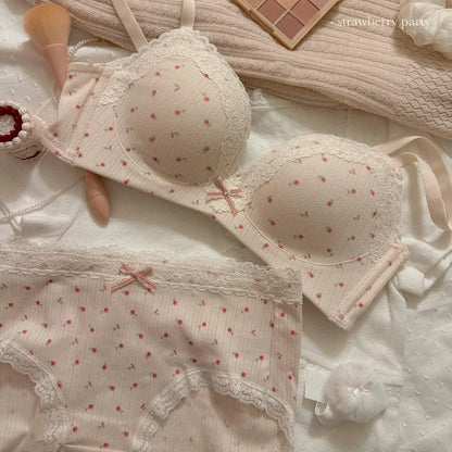 New Sweet Girl Lace Edge Sexy Lingerie Women's Small Breasts Gather No Wire Anti-Sag Bra Set Student Bra Panties Underwear Set