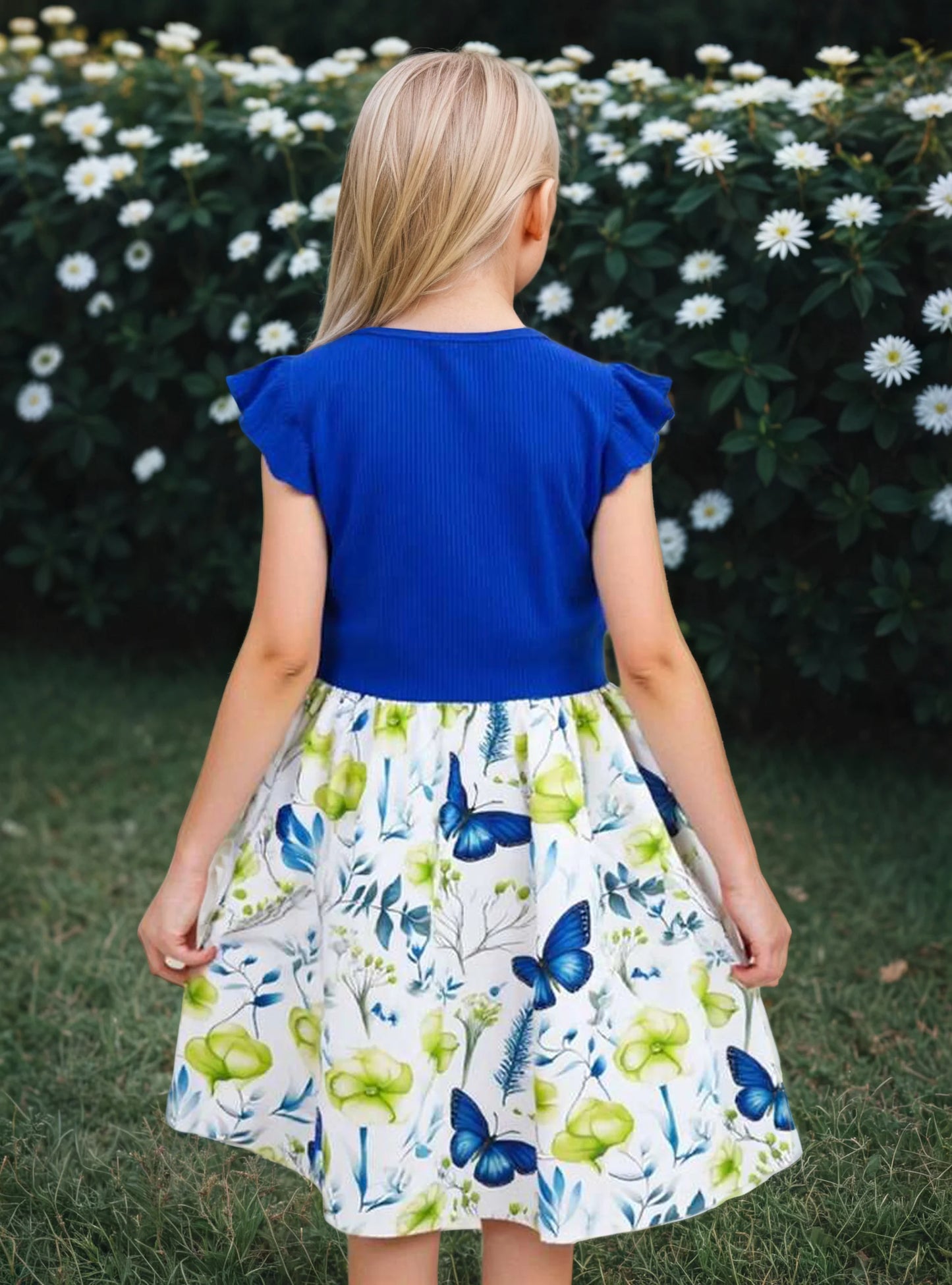 Girl's Summer 7-14 Years Round Neck Ribbed Ruffled Sleeve Butterfly Floral Print Dress for Daily School Casual Kids Lovely