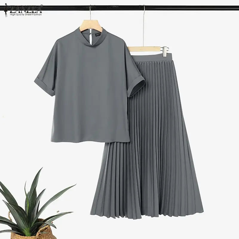 ZANZEA Women's Skirt Suits Mock Neck Short Sleeve Blouse & A-Line Pleated Maxi Skirt 2 Piece Sets Streetwear Skirt Sets Outfits