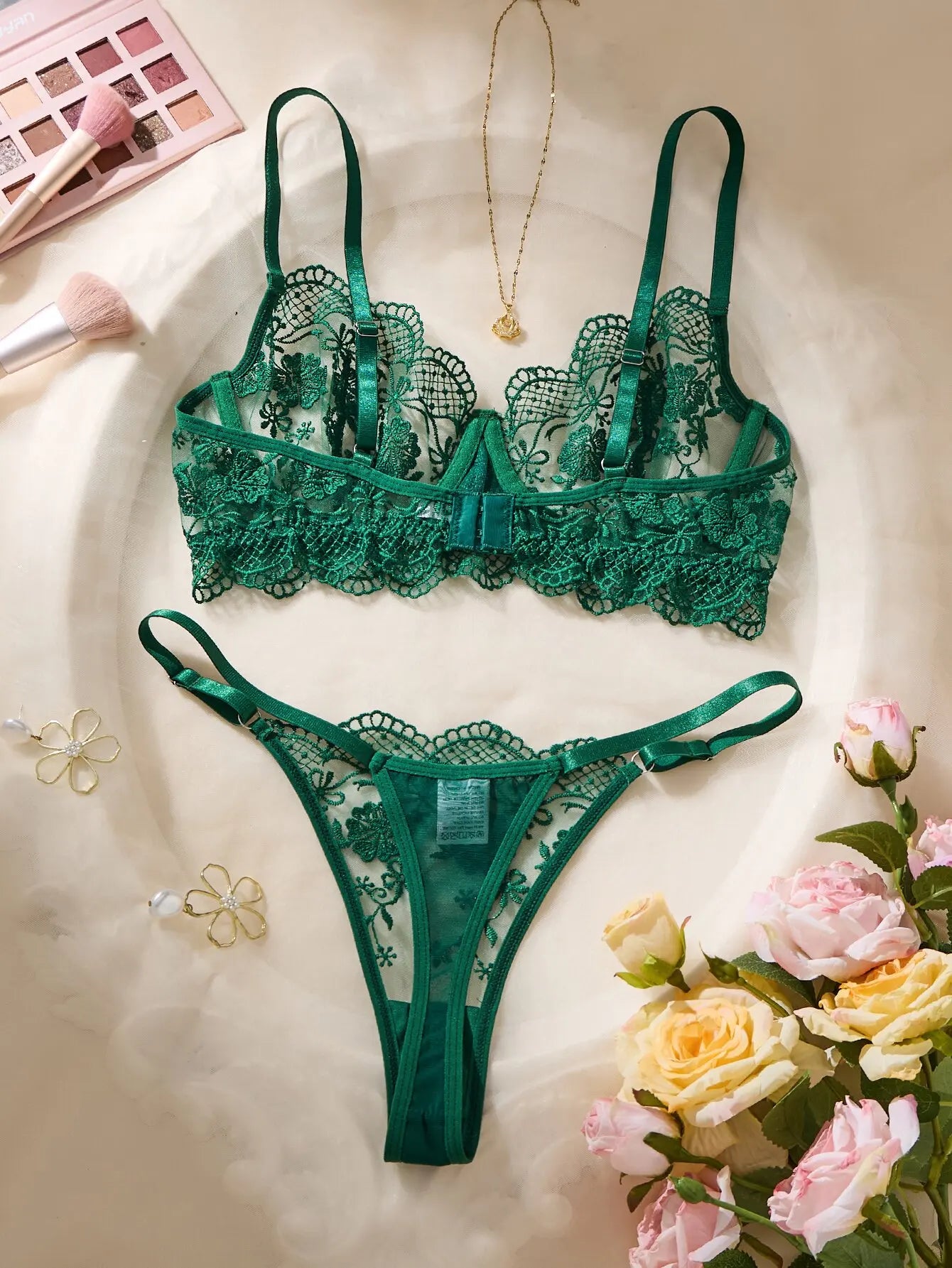 Women Green Floral Lace Lingerie Set Sheer Mesh Underwire Bra & Thong 2‑Piece Intimate Underwear Set S‑XL Sexy Floral Brief Set