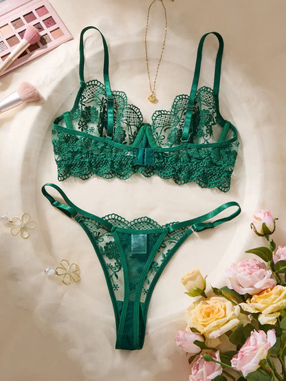 Women Green Floral Lace Lingerie Set Sheer Mesh Underwire Bra & Thong 2‑Piece Intimate Underwear Set S‑XL Sexy Floral Brief Set