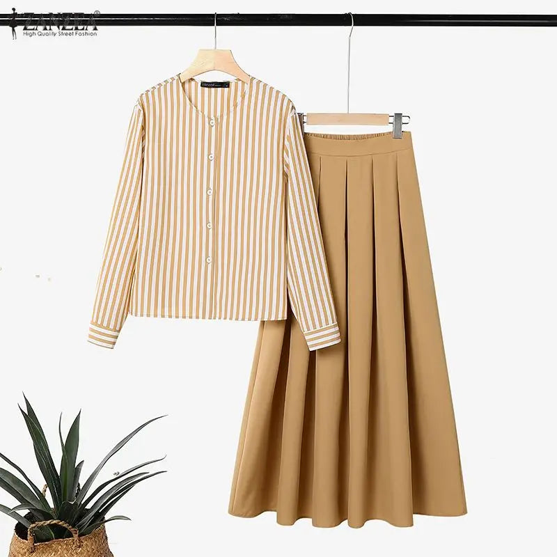 ZANZEA Women Muslim Matching Sets Modest Outfits Summer Long Sleeve Buttons -Up Striped Blouse Elastic Waist Pleated Skirt Suit