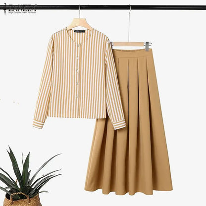 ZANZEA Women Muslim Matching Sets Modest Outfits Summer Long Sleeve Buttons -Up Striped Blouse Elastic Waist Pleated Skirt Suit