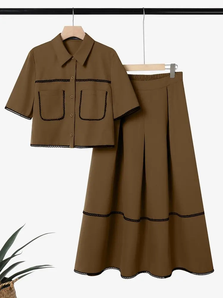 Fashion Summer 2 Pieces Sets ZANZEA Short Sleeve Shirt A Line Skirt Suit Women OL Work Dress Sets 2026 Stylish Patchwork Outfits