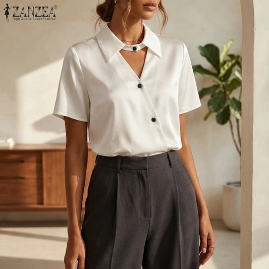 ZANZEA Women Elegant Satin Blouses Summer Cutout Turn-Down Collar Short Sleeve Solid Color Tops Minimalist OL Work Blusas Mujer