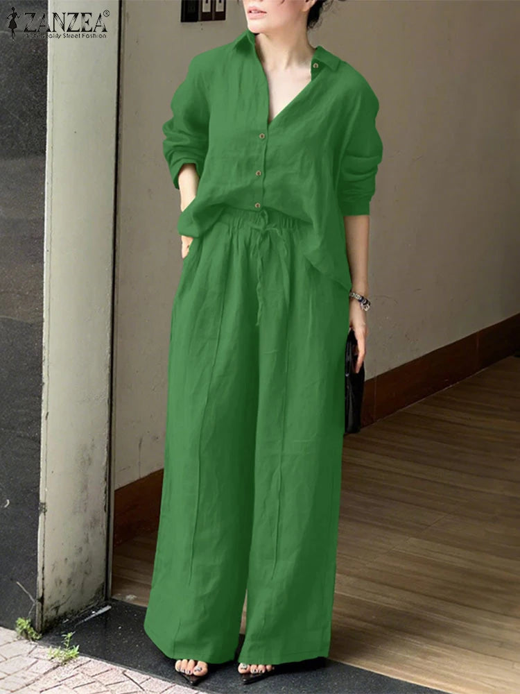 Fashion Autumn 2 Pieces Sets Women Outfits 2025 ZANZEA Casual Long Sleeve Shirt Trousers Suit Elegant Solid OL Work Tracksuits