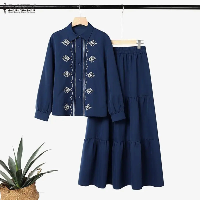 ZANZEA Women Muslim Two Piece Set Vintage Floral Embroidered Long Sleeve Button Blouse Tiered Maxi Skirt Modest Islamic Clothing