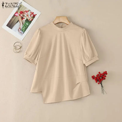 Summer Short Sleeve Tops ZANZEA Elegant Women Blouses Irregular Tops Solid Color Streetwear OL Work Party Tee S-3XL Blusas Tunic