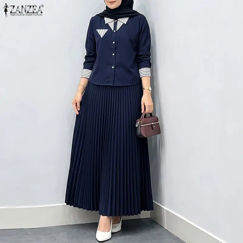 Autumn Outfits ZANZEA Muslim Modest 2 Pieces Sets Elegant Women Striped Patchwork Long Sleeve Shirt With Pleated Maxi Skirt 2026