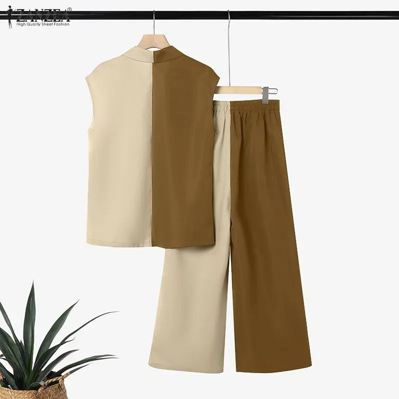 Stylish Summer Patchwork 2 Pieces Sets 2026 ZANZEA Women Pant Sets Sleeveless Irregular Tanks Tops Trousers Elegant Work Outfits