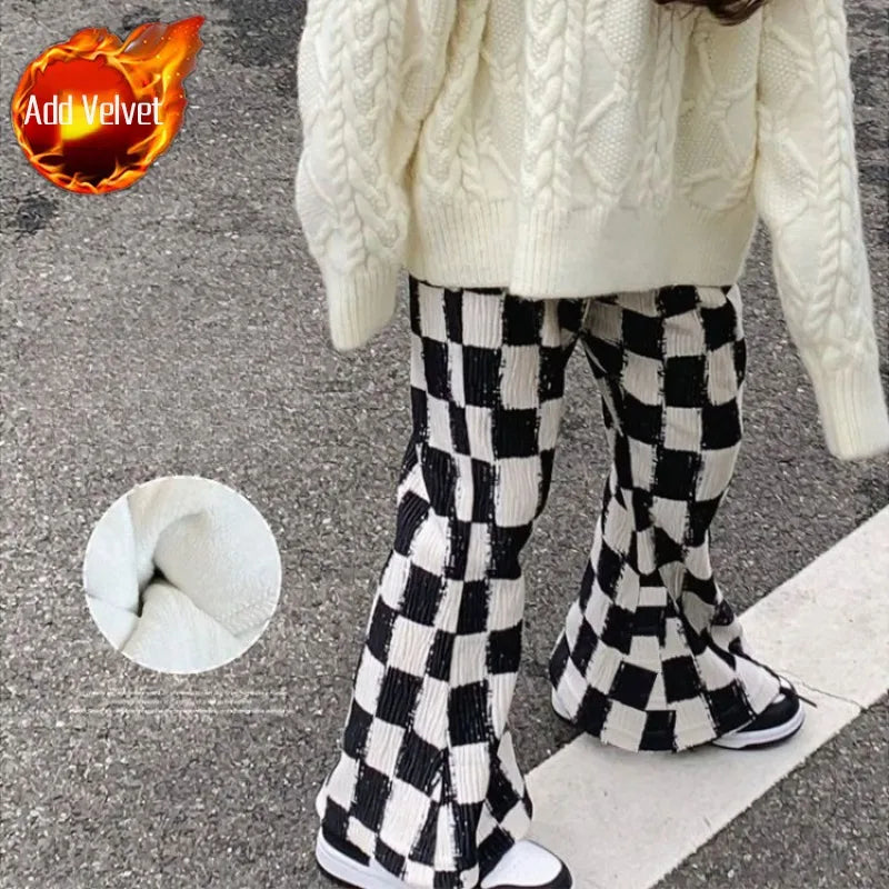 New Girls' Spring Fall Lined Checkered Flared Pants Thickened Thermal Playwear for Kids