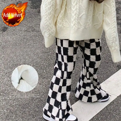 New Girls' Spring Fall Lined Checkered Flared Pants Thickened Thermal Playwear for Kids