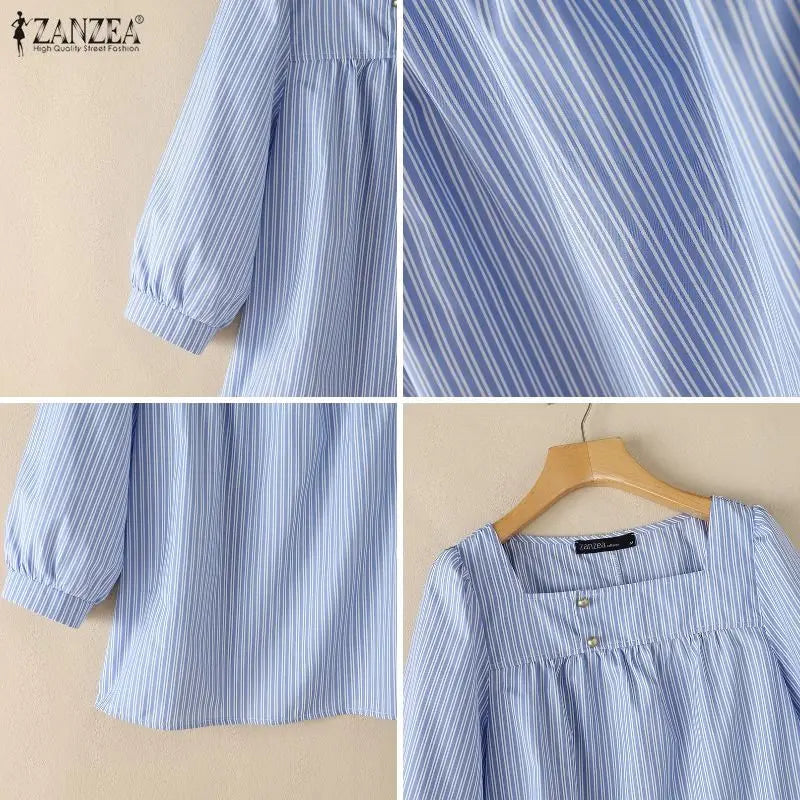 ZANZEA Women Striped Blouse Square Neck 3/4 Puff Sleeve Button Casual OL Work Party Tops Summer Autumn Blusas Oversize Tunic