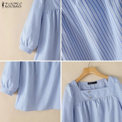 ZANZEA Women Striped Blouse Square Neck 3/4 Puff Sleeve Button Casual OL Work Party Tops Summer Autumn Blusas Oversize Tunic