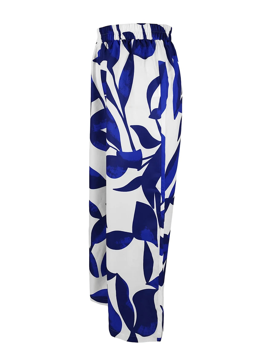 Autumn Winter Women Elegant Leaf Print Wide Leg Pants High Waist Loose Casual Trousers Vintage Palazzo Pants Streetwear Female