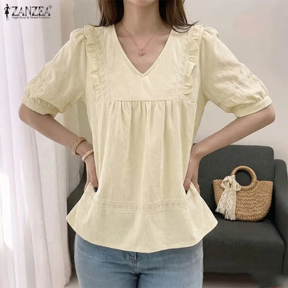 ZANZEA Women Blouse Lace Patchwork Tops Ruffles Tee Casual Summer V Neck Puff Half Sleeve Blusas OL Work Party Tunic Streetwear