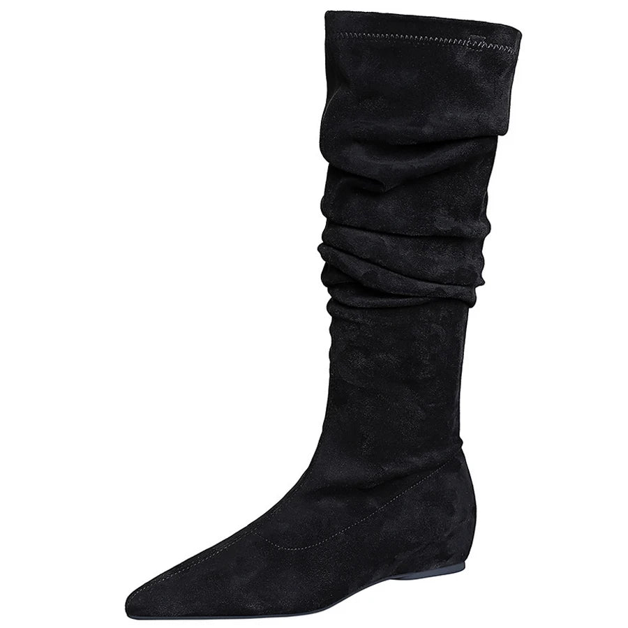 BIGTREE Shoes Women Over-the-knee Boots Side Zipper Pleated Long Boots Flat Heeled Boots Women Shoes Suede Autumn Winter Boots