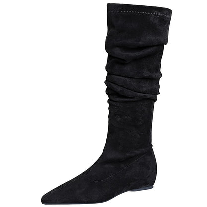 BIGTREE Shoes Women Over-the-knee Boots Side Zipper Pleated Long Boots Flat Heeled Boots Women Shoes Suede Autumn Winter Boots