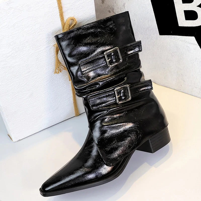 Retro Pointed Western Cowboy Boots For Women Belt Buckle Design Mid-Calf Boots Chunky Heel Leather Boots Women Knight Boots 2026