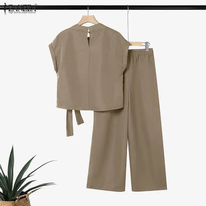 ZANZEA Women's Minimalist 2 Piece Sets Elegant Stand Collar Short Sleeve Blouse & Wide Leg Pant Suits Casual Pant Sets Outfits