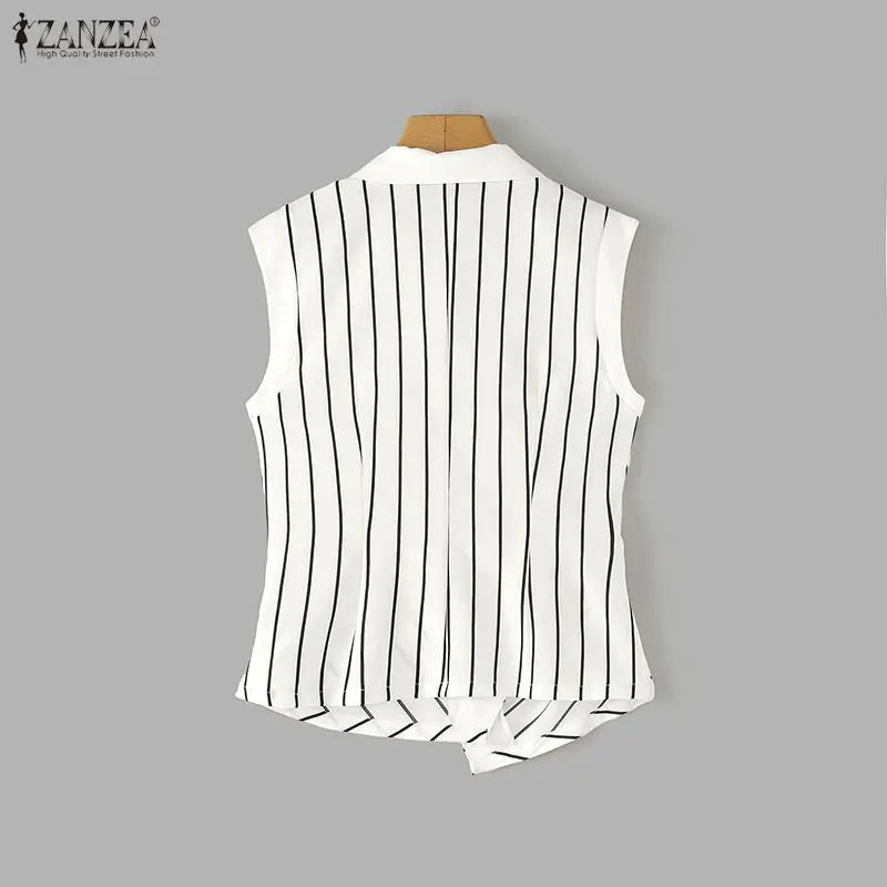 ZANZEA Elegant Women Striped Shirts Summer Turn-Down Collar Single Button Cinch Waist Sleeveless Tops Office Lady Vest Tops 3XL