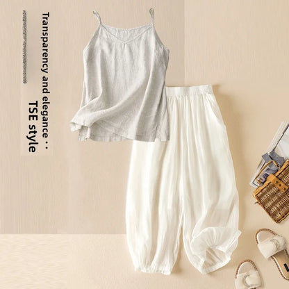 Summer Casual Cotton Linen Double Layer Lantern Pants Loose Elastic Waist Pure Color Wide Leg Harem Trousers for plus Size Women