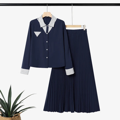 Autumn Outfits ZANZEA Muslim Modest 2 Pieces Sets Elegant Women Striped Patchwork Long Sleeve Shirt With Pleated Maxi Skirt 2026