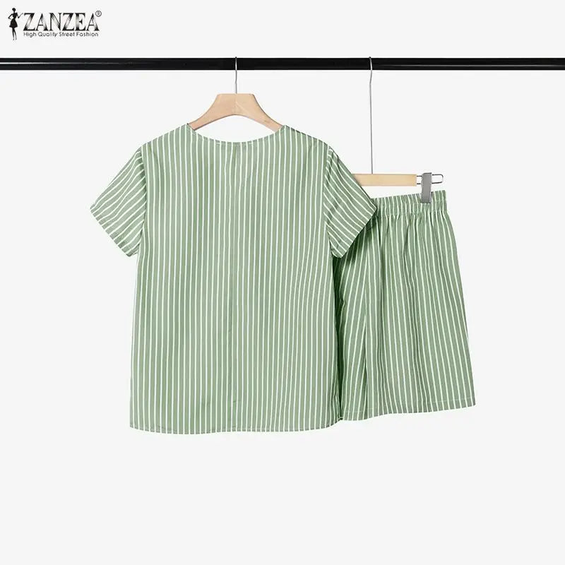 ZANZEA Fashion Summer 2 Piece Sets V Neck Short Sleeve Blouse Short Sets Women Casual Striped Outfits Holiday Tracksuit Oversize